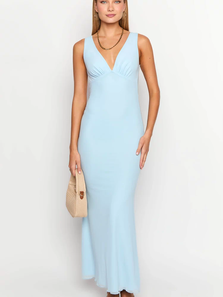 Light blue mesh maxi dress with a deep V-neckline and ruched bust detail