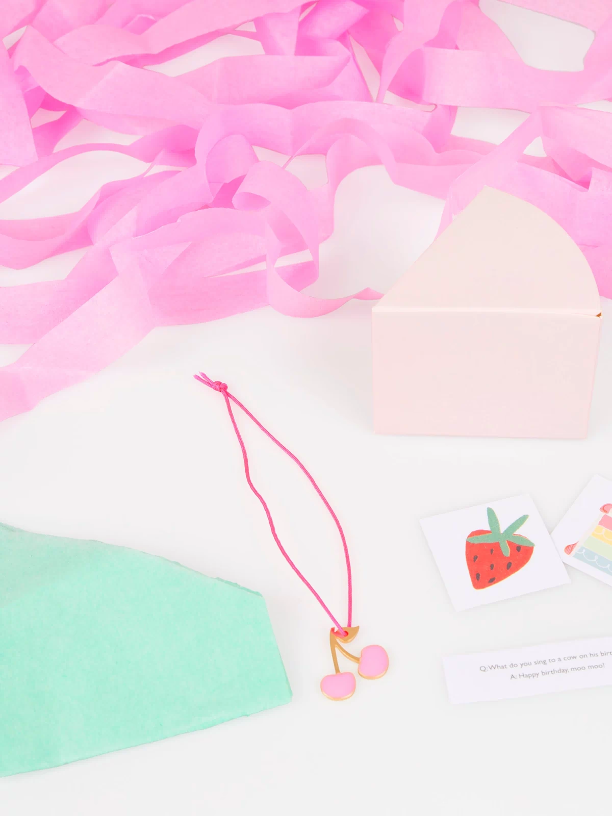 Our party favors come in the shape of cake slices, open to reveal stickers, a joke, a party  hat and an enamel cherry charm. Image3