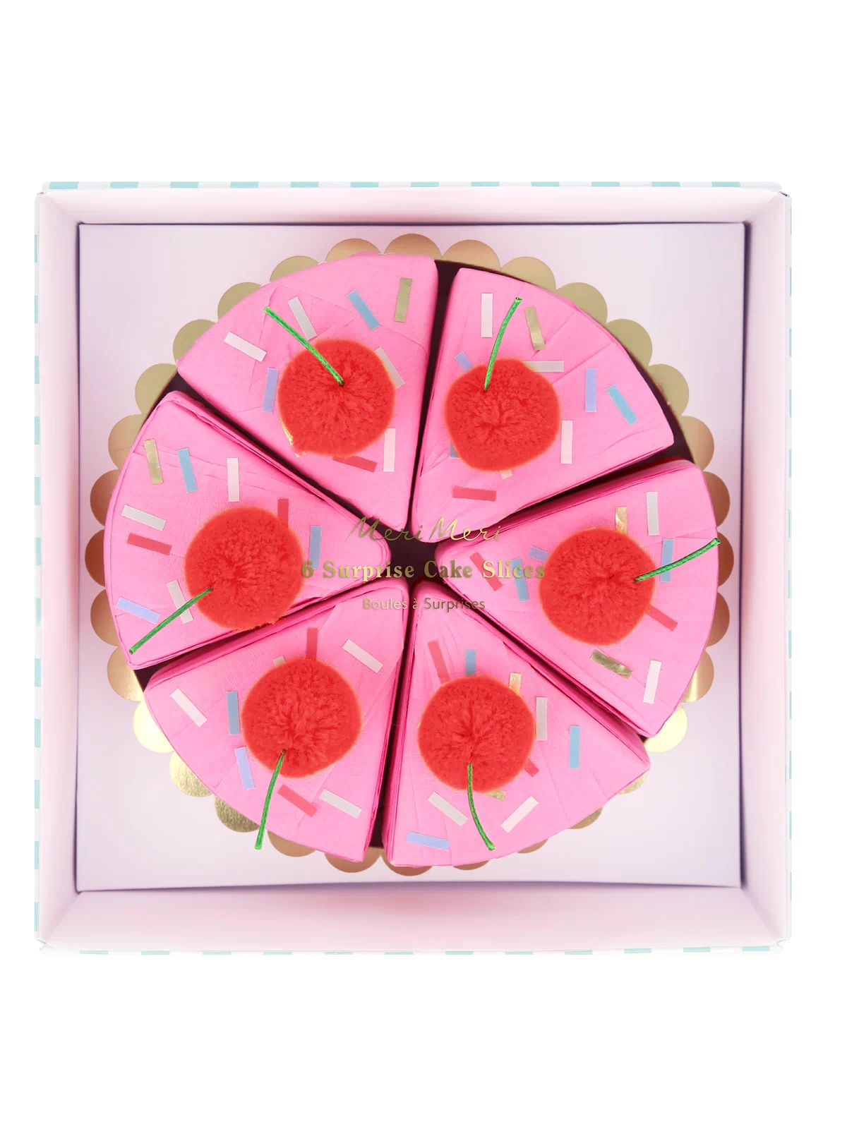 Our party favors come in the shape of cake slices, open to reveal stickers, a joke, a party  hat and an enamel cherry charm. Image4