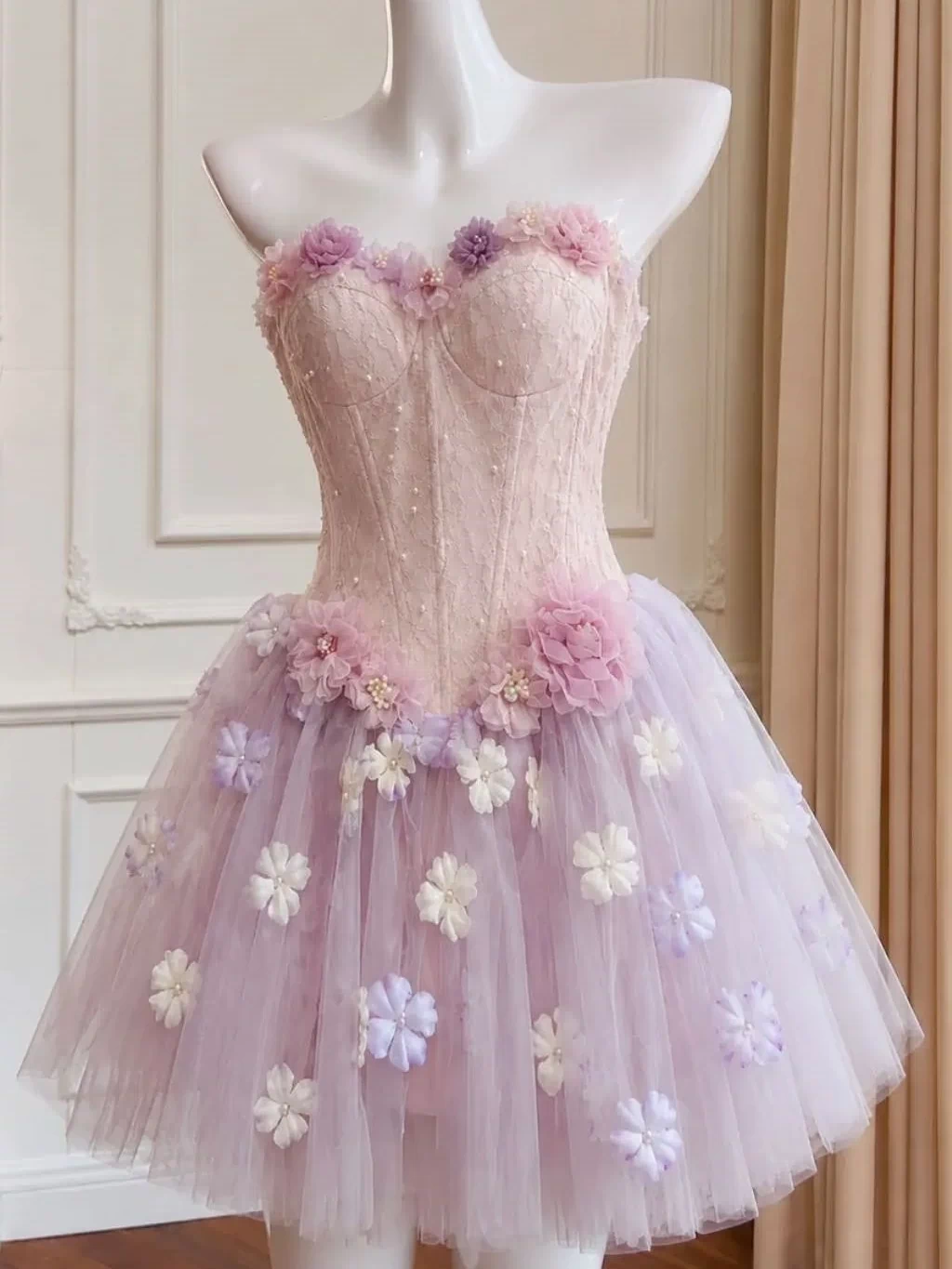Sweet Floral Homecoming Dress Corset Beaded Hoco Dresses