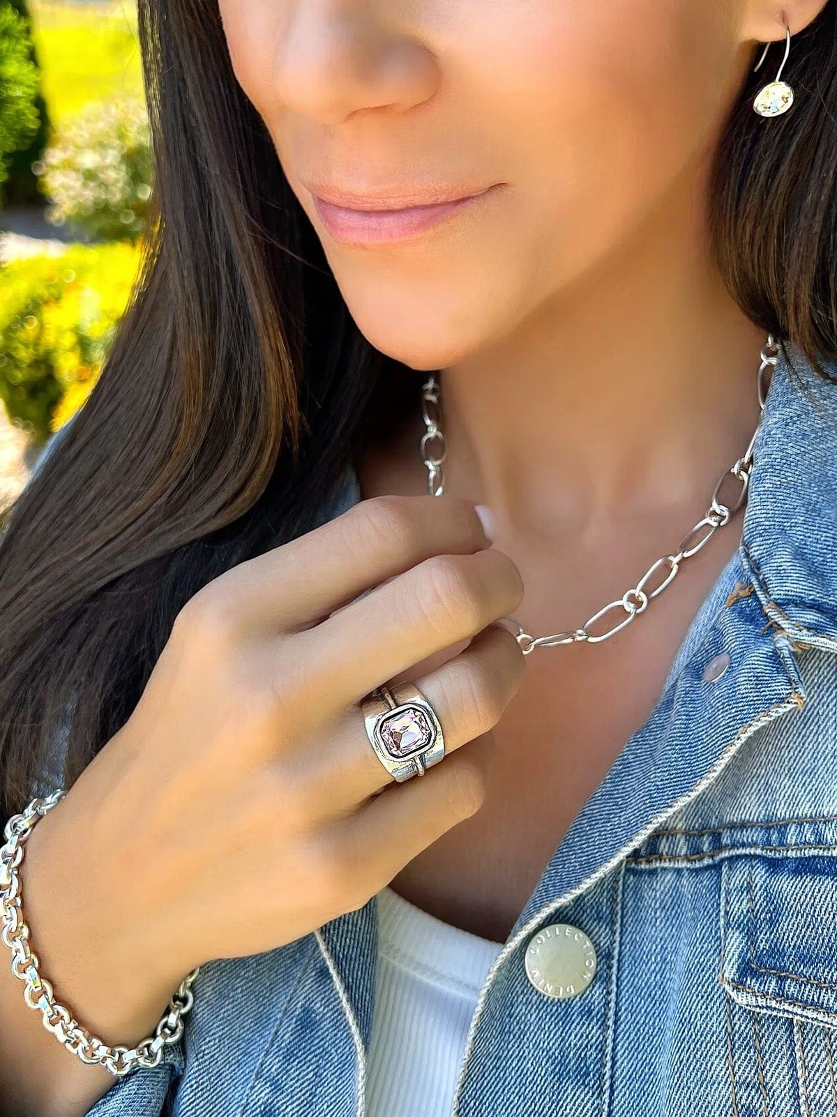Sweet Talker Ring paired with Showstopper Earrings, Forever Linked Chain, and Bonita Bracelet