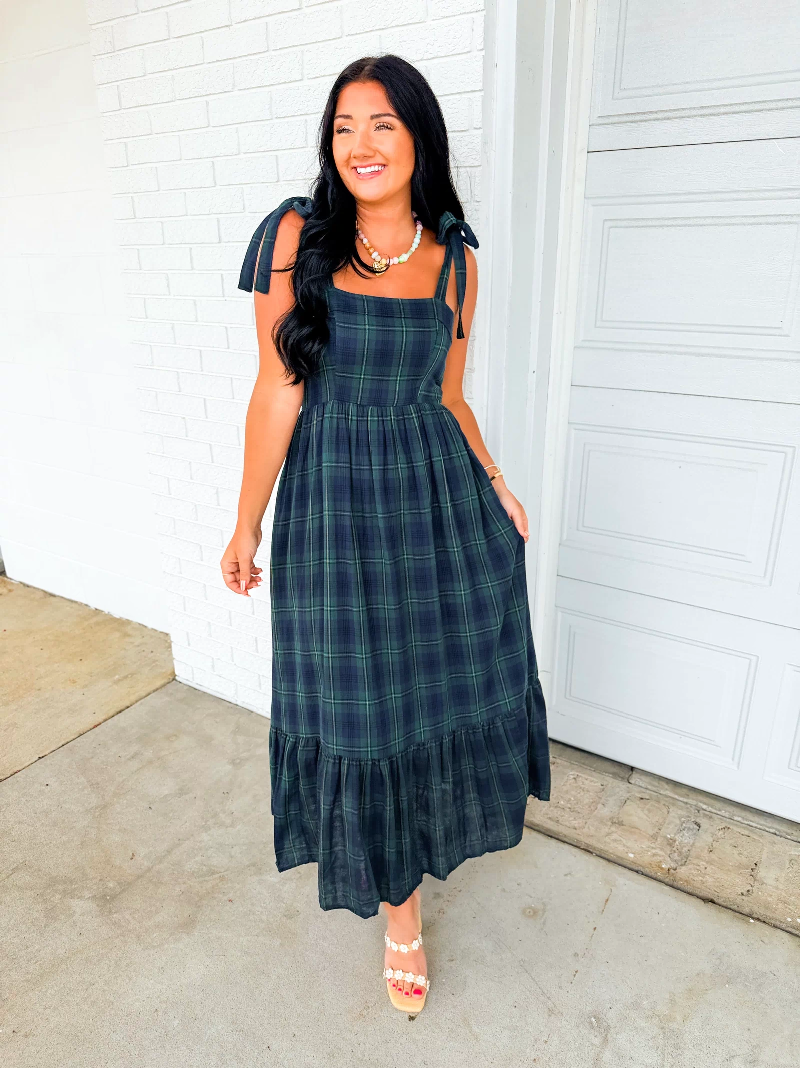Plaid Shoulder Tie Cotton Maxi Dress - Green/Navy
