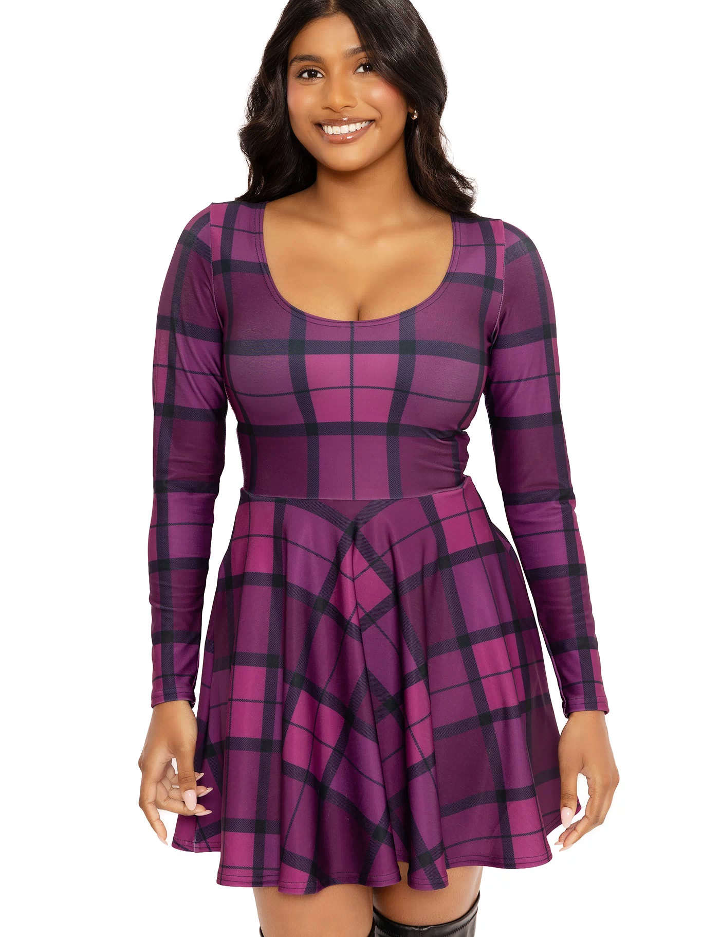 Tartan Fuchsia Toastie Long Sleeve Skater Dress