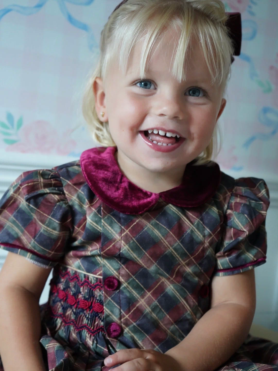 Girl wearing Tartan Luxe Handsmocked Christmas Dress 3