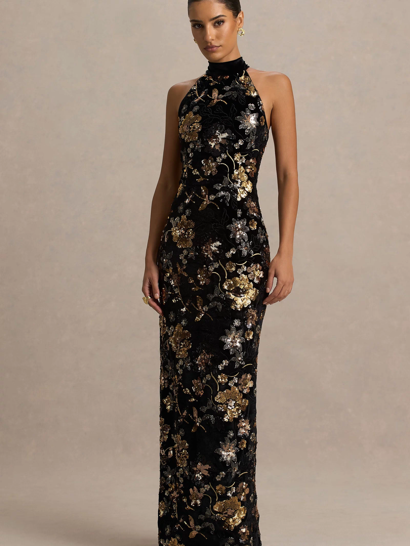 Tate | Black Velvet Halter-Neck Maxi Dress With Bronze Floral Sequin Embellishments