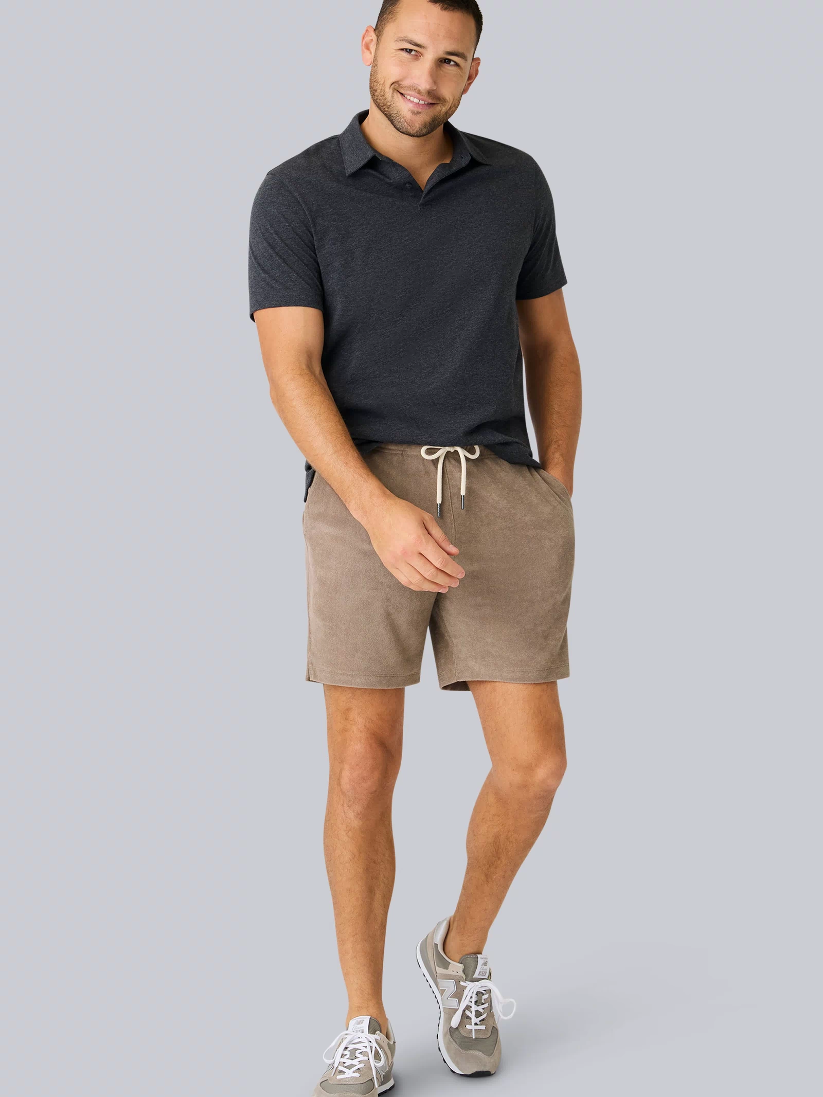 Full front view of a man wearing Terry Cloth Short in Desert Taupe