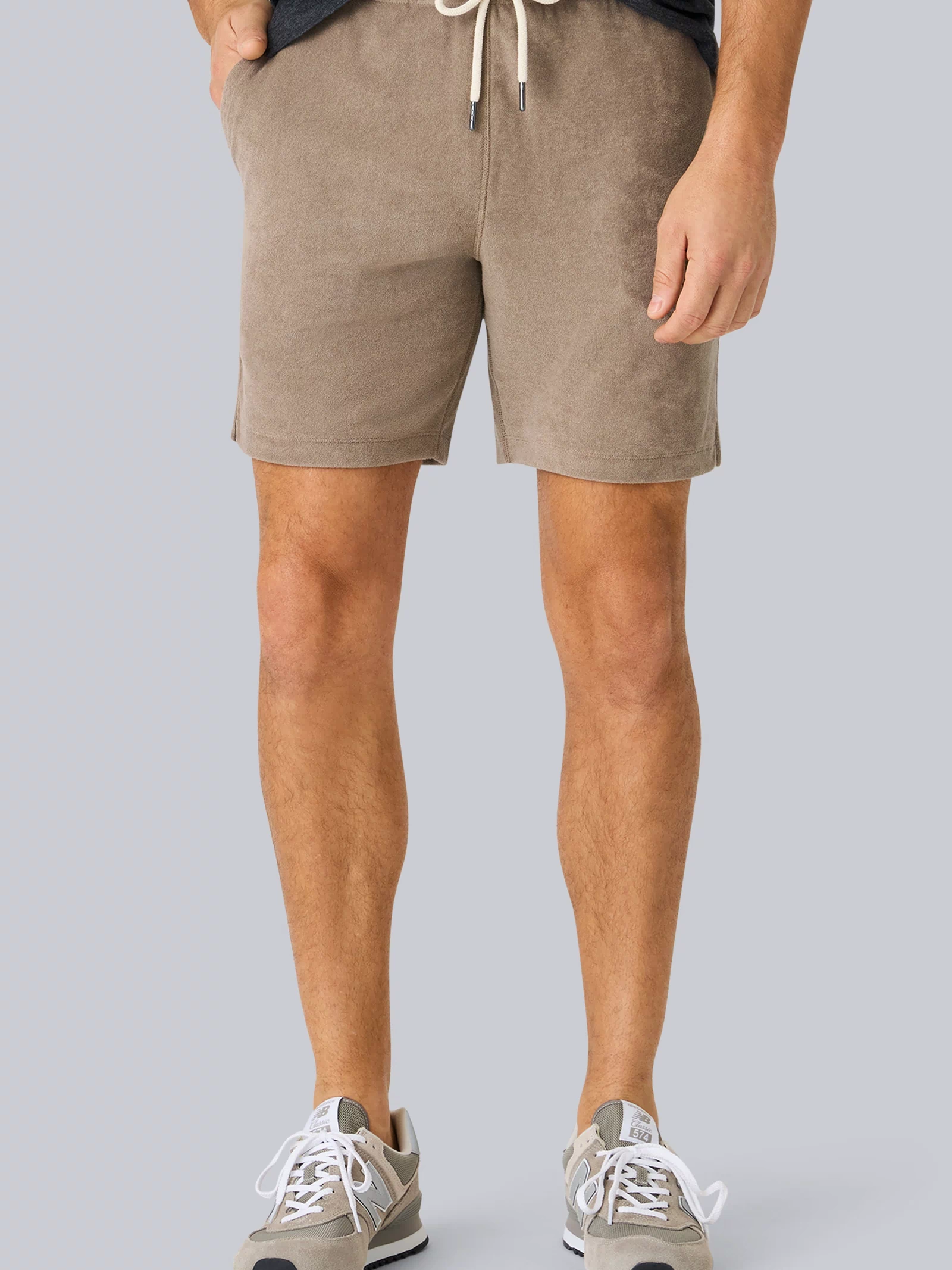 Front view of a man wearing Terry Cloth Short in Desert Taupe