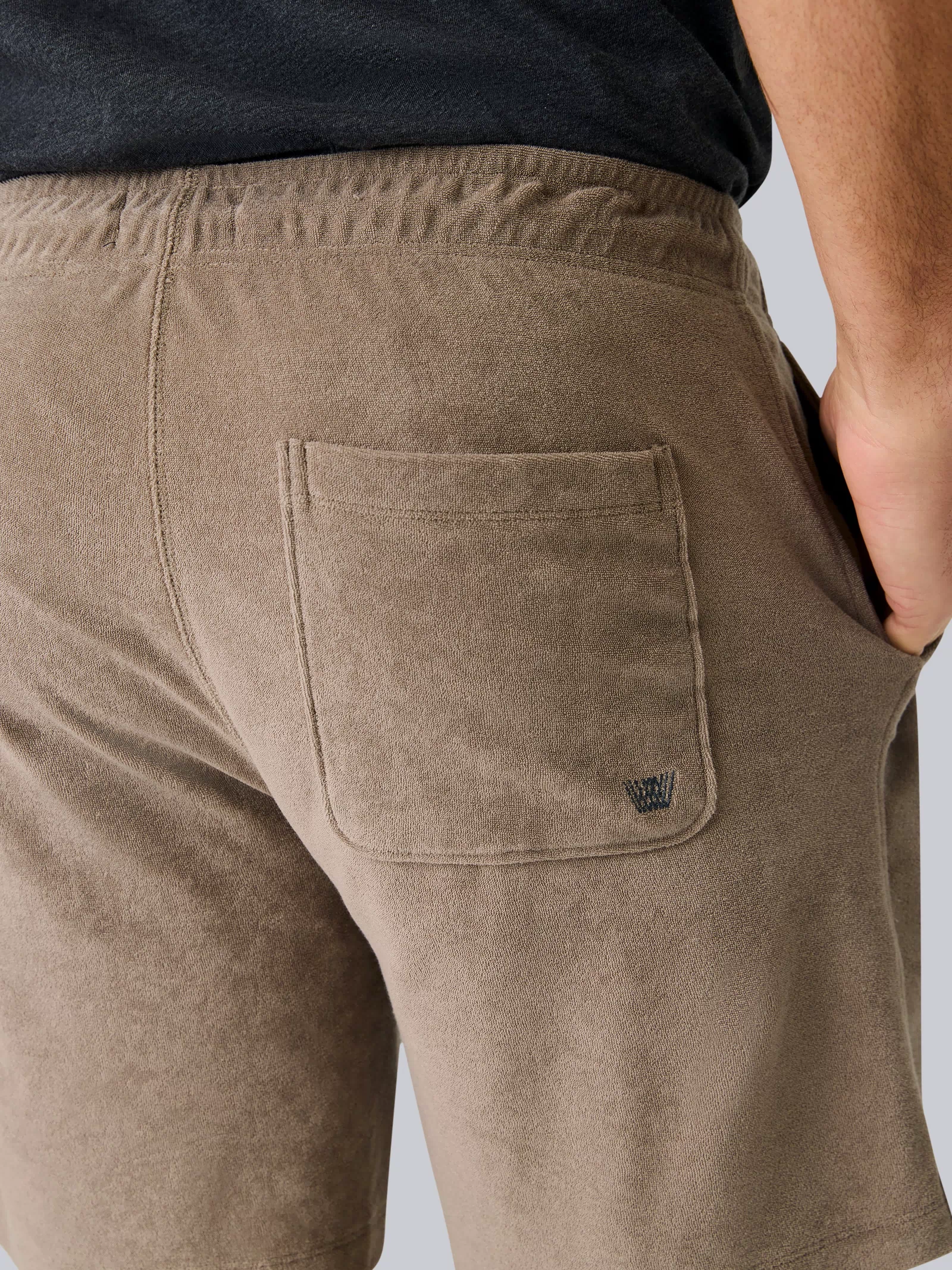Back and side pockets of Terry Cloth Short in Desert Taupe