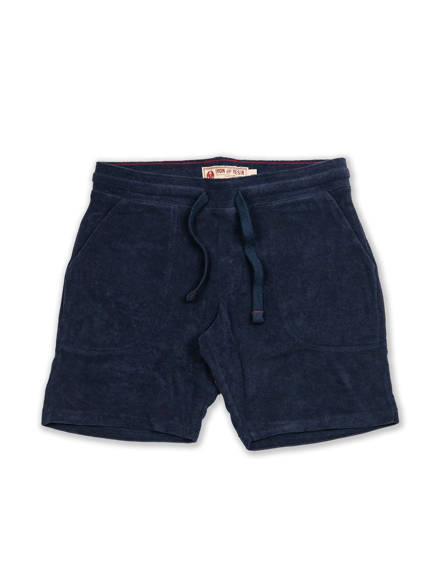Navy blue terry cloth shorts with drawstring waistband and side pockets, labeled "Iron and Resin" inside.