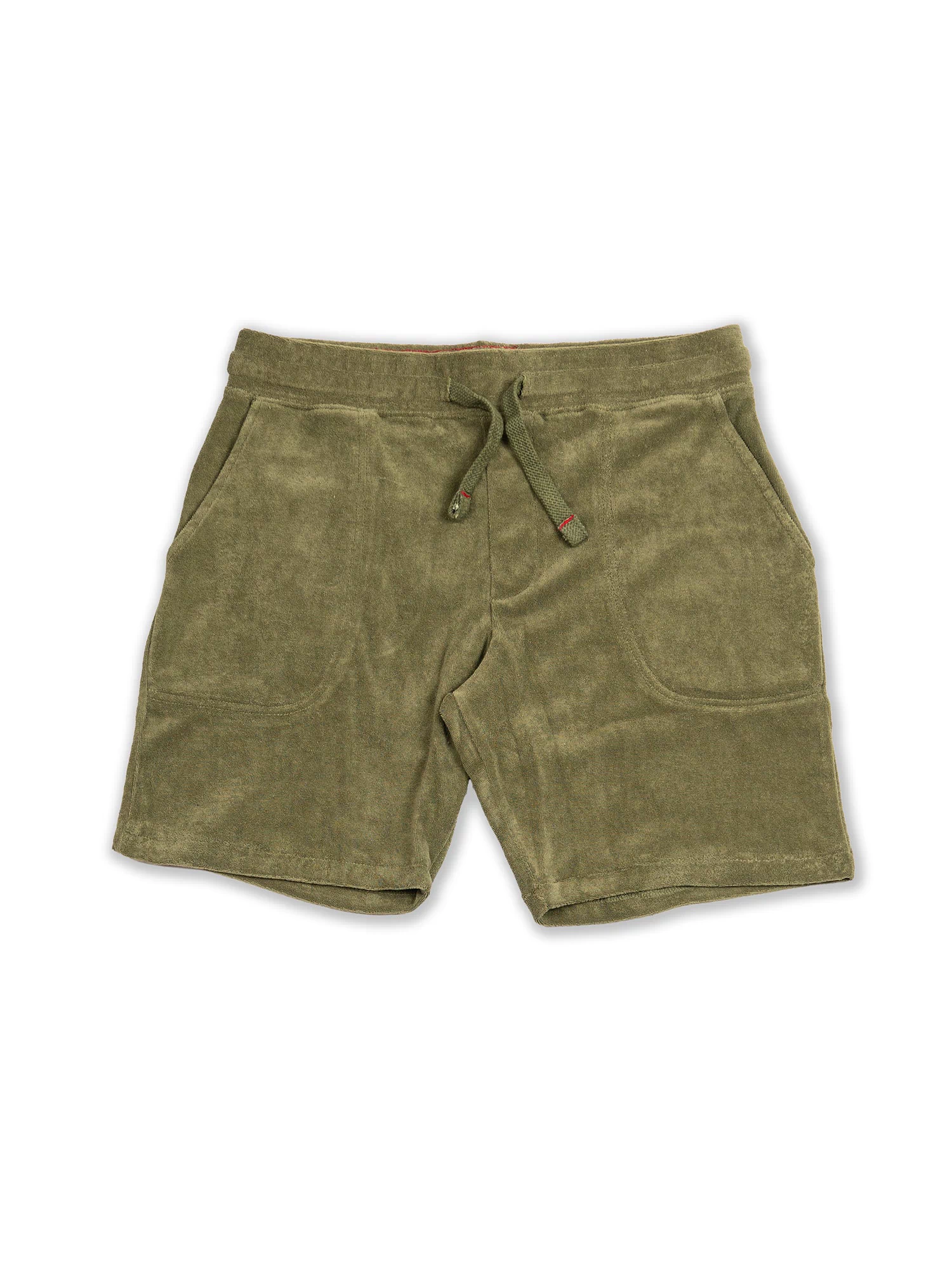 Olive green terry cloth shorts with drawstring waist and side pockets, laid flat on a white background.