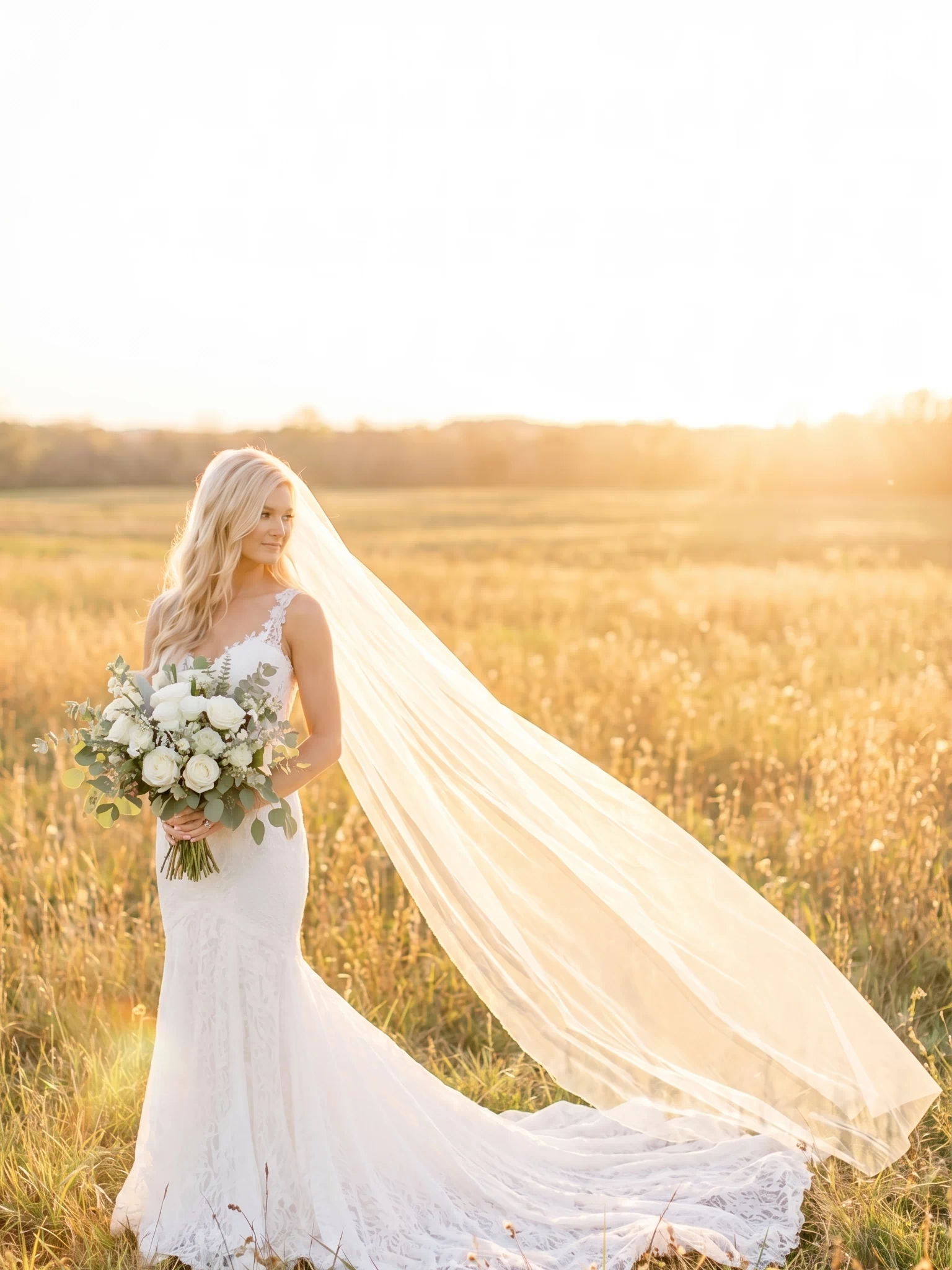Bride in a white dress with a long veil holding flowers in a field at sunset.