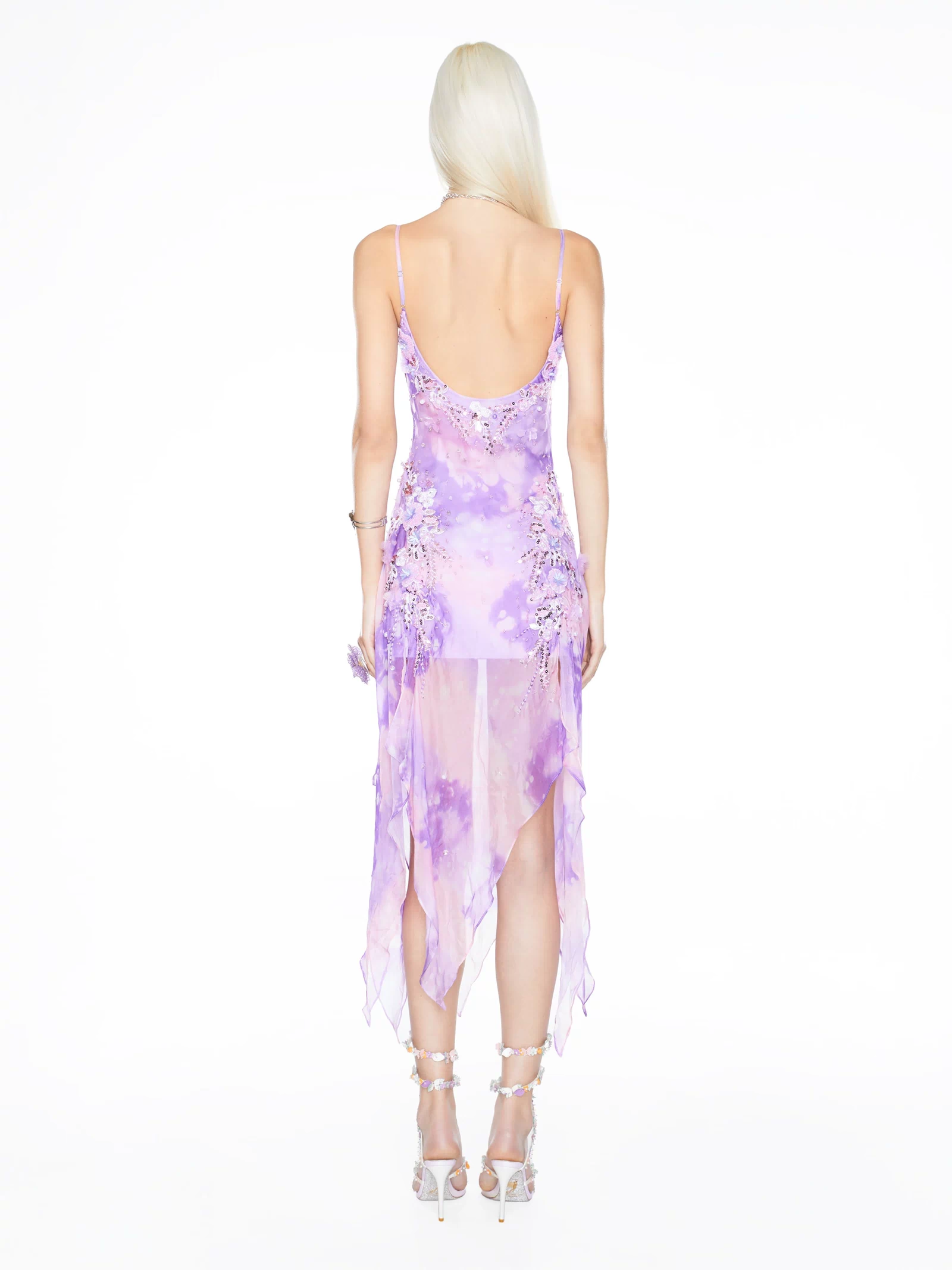 Vintage-inspired 100% silk gown, The Candy Crush by CyberSweetie, featuring an asymmetrical silhouette and a fluid watercolor print.