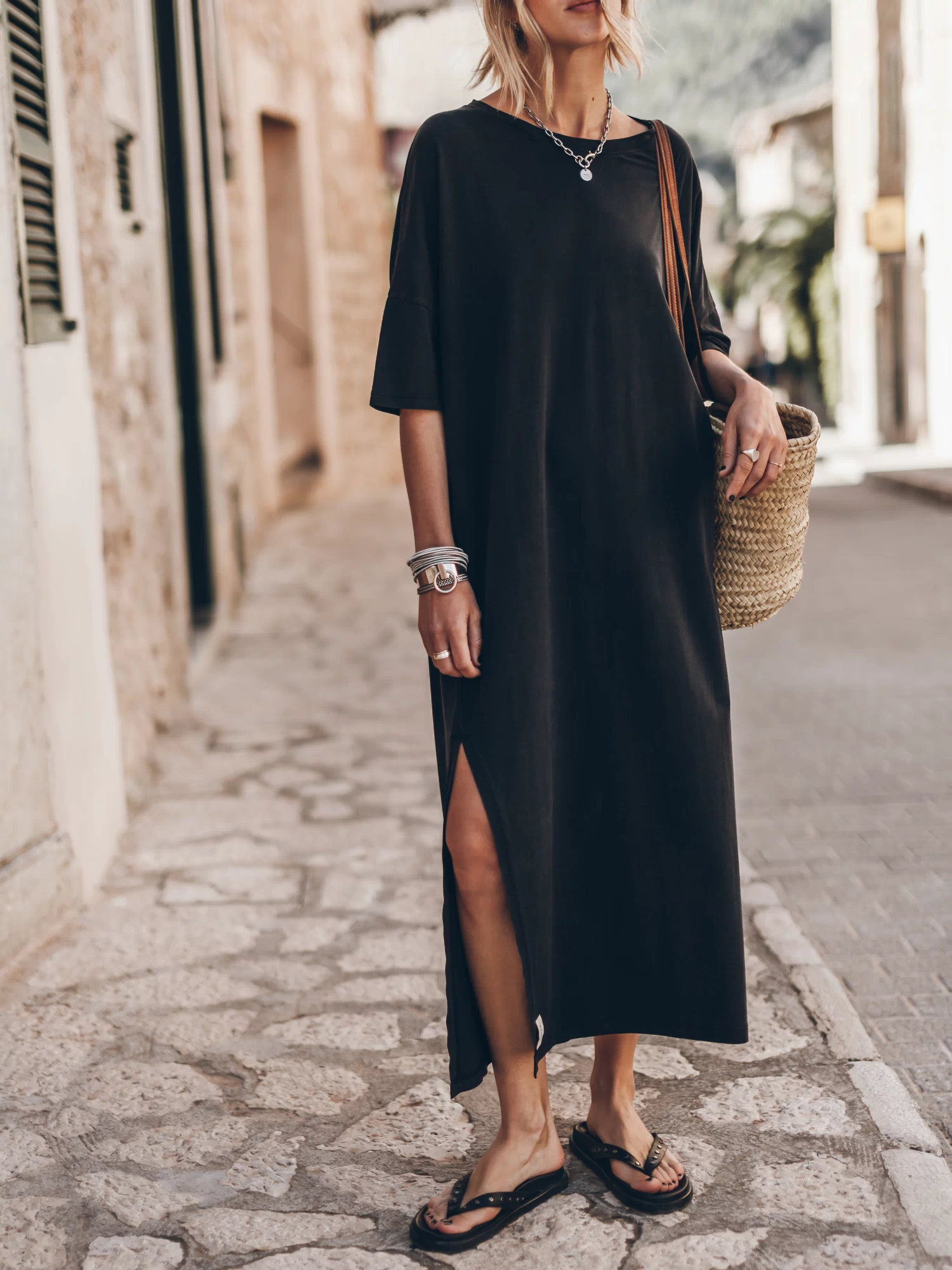 Dark Loose Long Shirt Dress Black Studded Leather Sandals - Product photo