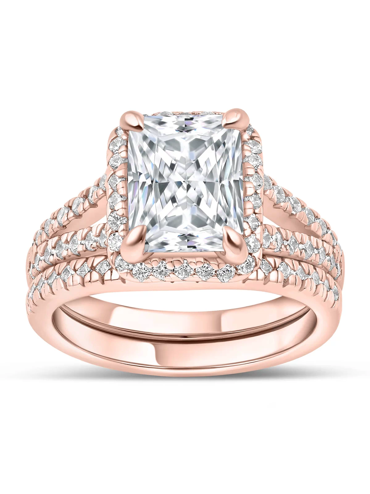 stunning rose gold wedding ring set on white background