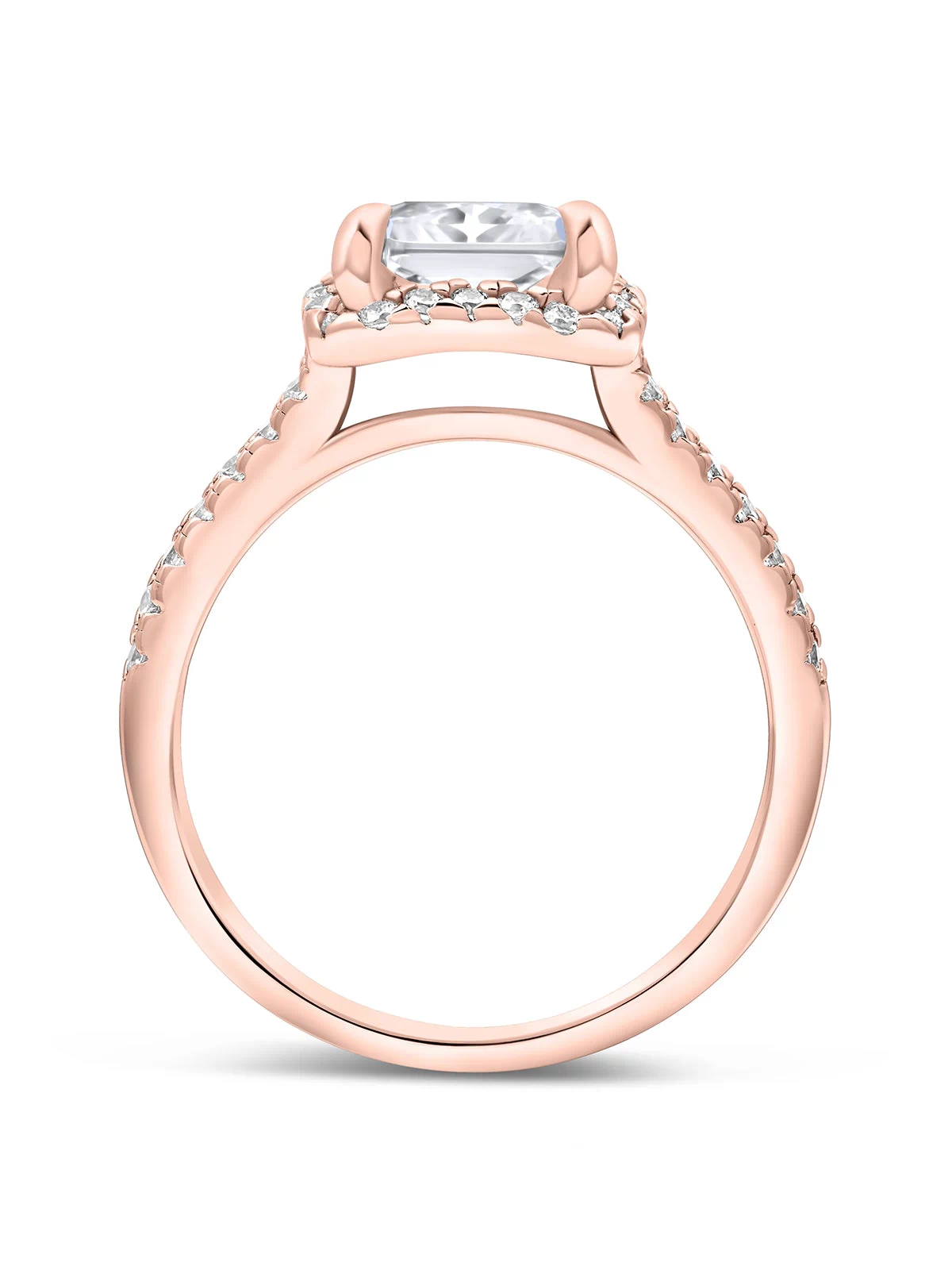 side view of a classic rose gold radiant cut engagement ring