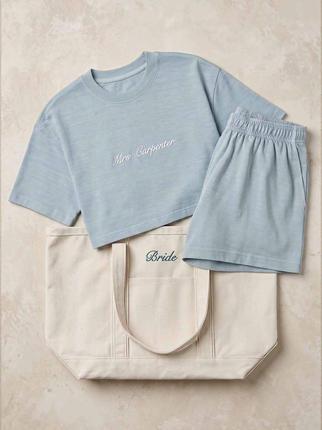 The Mrs. Gift Set | Embroidered Crop Tee, Matching Shorts & Bridal Tote