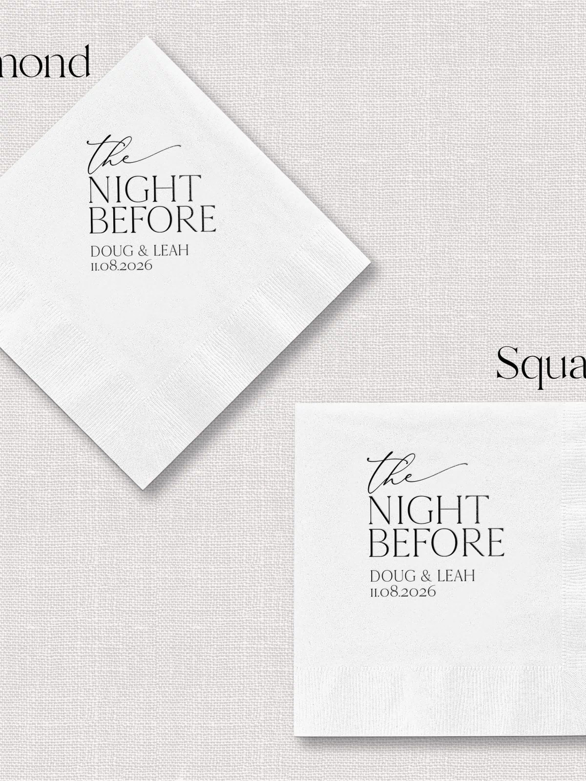 White cocktail napkins in diamond and square shapes with "The Night Before" foil-stamped text and personalized names.