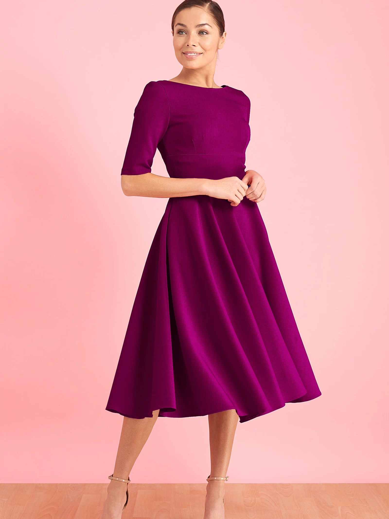 Hepburn Swing Dress with full circle skirt and high neckline – vintage occasion wear by The Pretty Dress Company