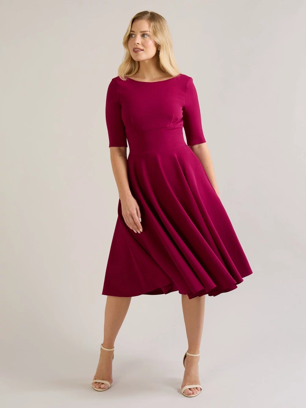 Hepburn Swing Dress with full circle skirt and high neckline – vintage occasion wear by The Pretty Dress Company