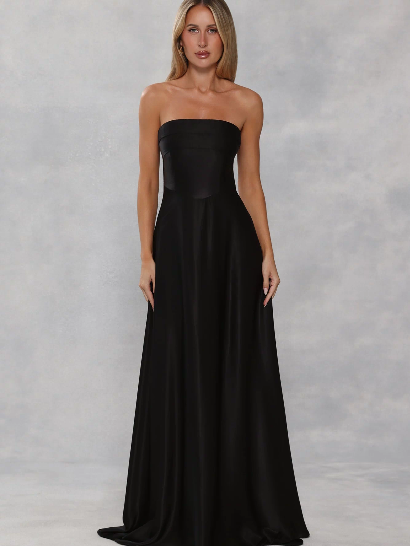 The Serina Strapless Satin Maxi Dress Black