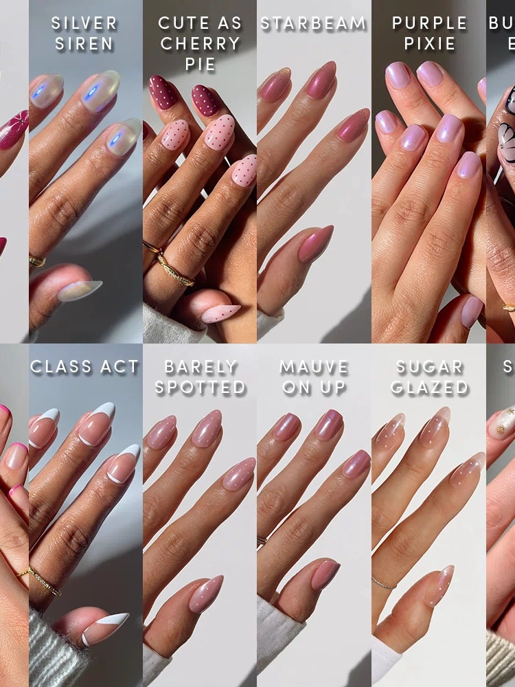 Twelve manicured hands showcase glamnetic’s The Spring Edit Collection—almond-shaped, luminous nails in diverse colors and finishes, each with unique shimmery designs and playful names, all polished to perfection.