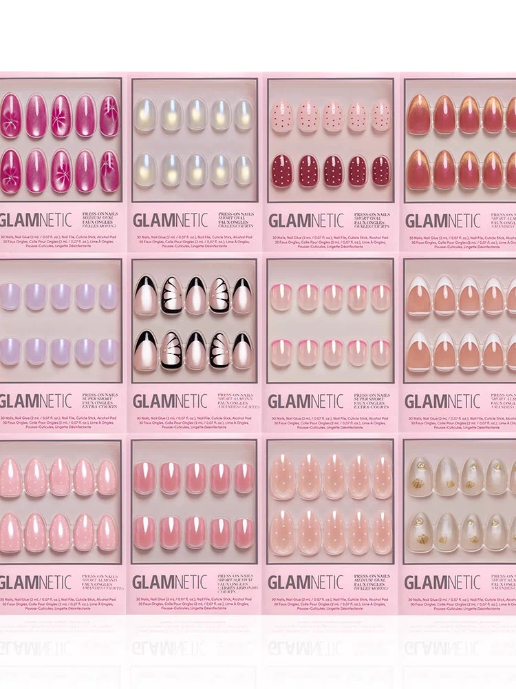 Glamnetic’s The Spring Edit Collection features 12 press-on nail sets in pink packaging with pink, white, lavender, and nude styles. Enjoy luminous nails adorned with polka dots, French tips, floral accents, and shimmer designs.