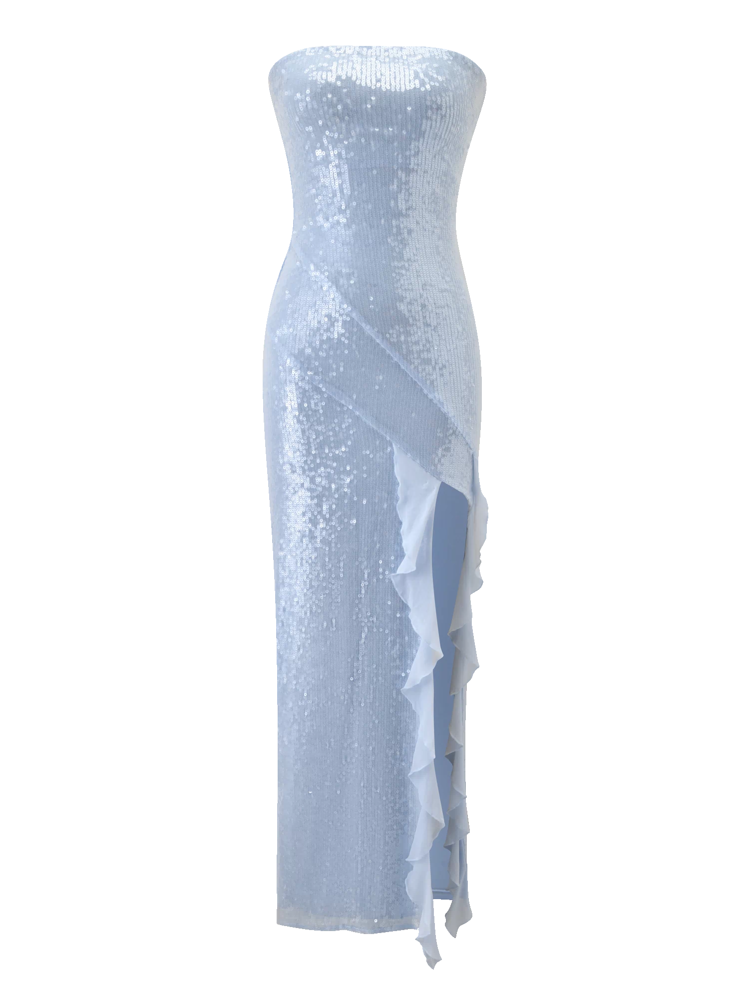 The THEO SEQUIN MAXI DRESS by TIGERMIST in soft blue features a bandeau neckline, fitted silhouette, and an asymmetrical ruffle detail for a striking floor-length look.