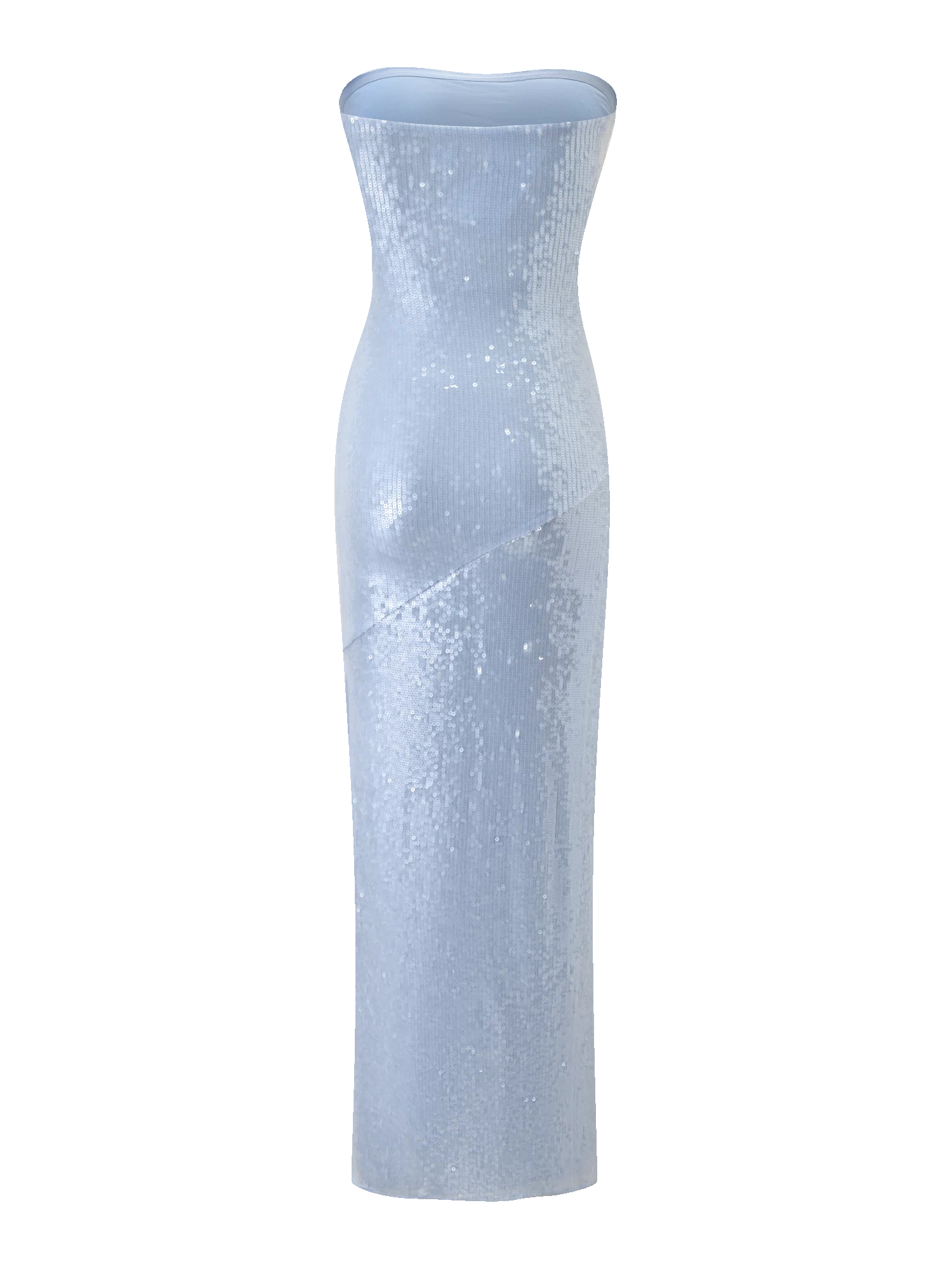 The TIGERMIST THEO SEQUIN MAXI DRESS in soft blue features a strapless bandeau neckline, fitted mermaid silhouette, sequin detailing, and subtle diagonal seams, displayed on a plain white background.