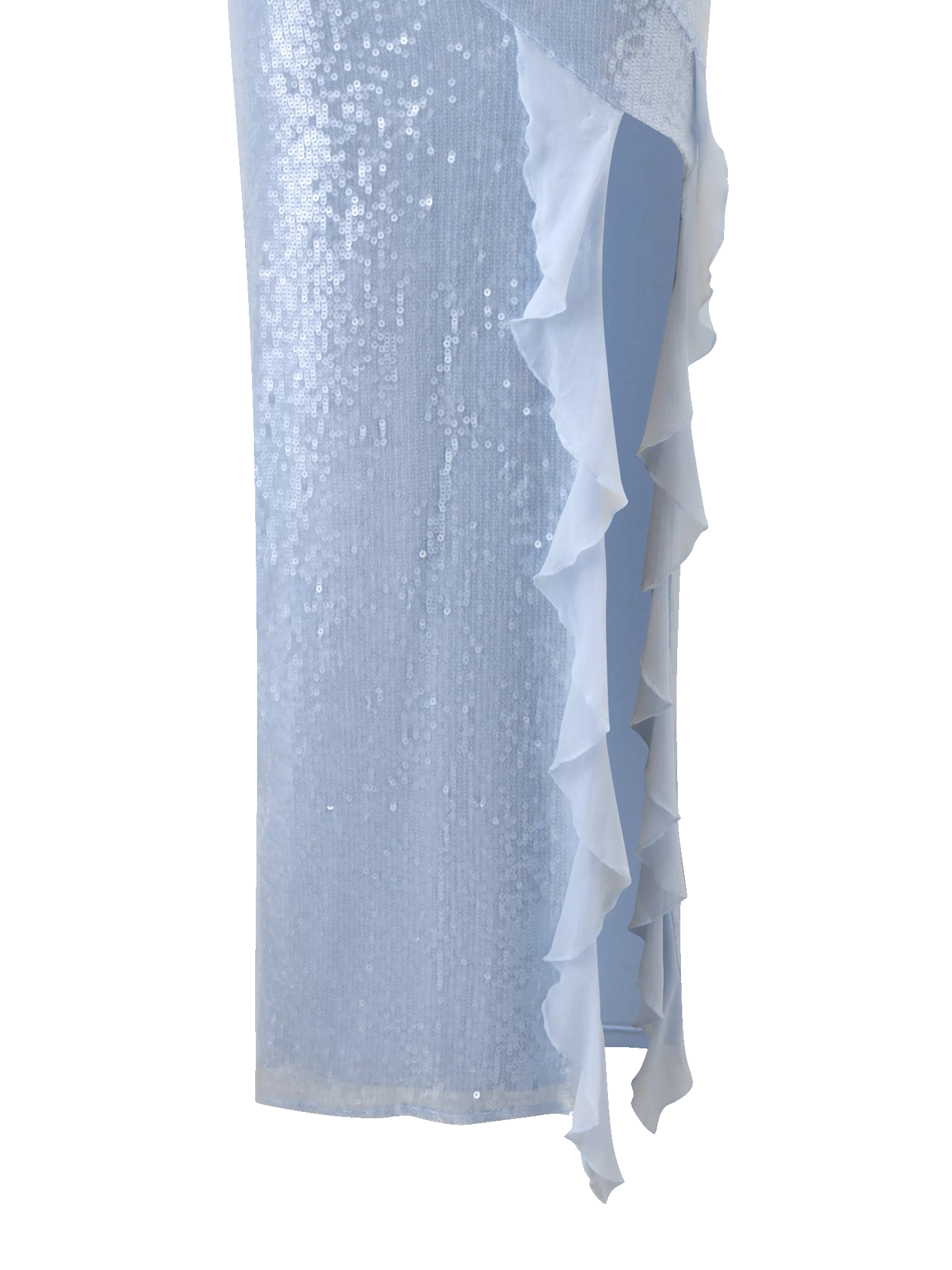 Close-up of the TIGERMIST THEO SEQUIN MAXI DRESS in soft blue, featuring shimmering sequins and ruffled sheer trim cascading down the side for an elegant, textured touch.