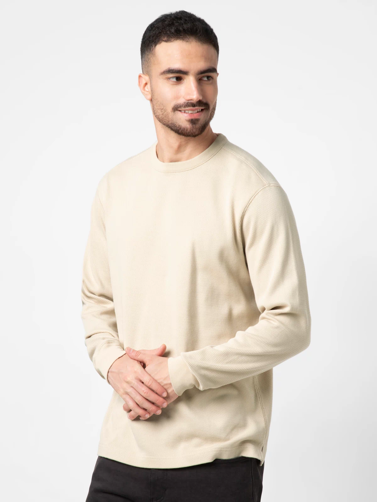 Thermal Knit Crew Oat side on model