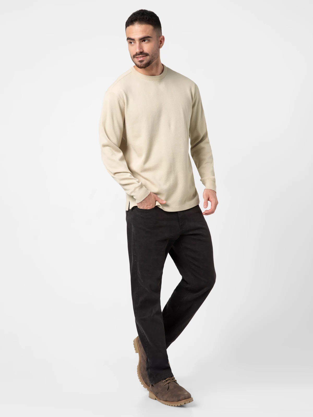 Thermal Knit Crew Oat full body on model