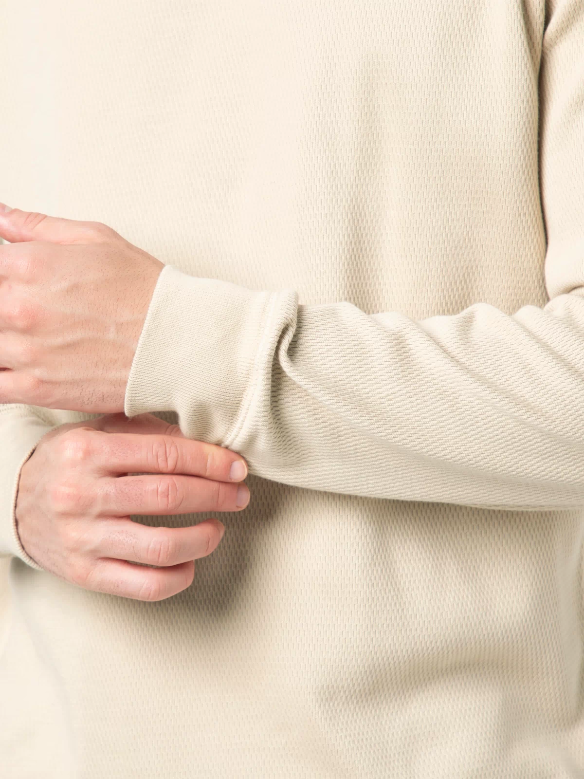 Thermal Knit Crew Oat close up sleeve on model
