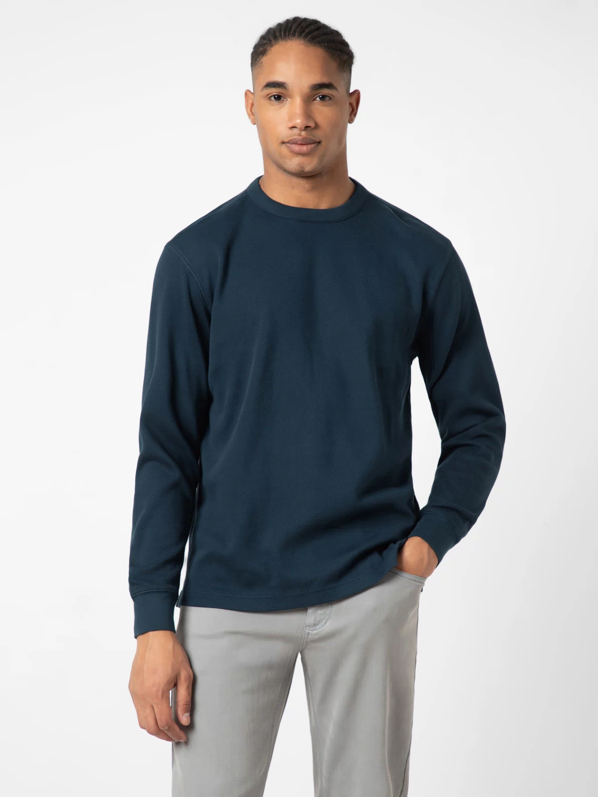 Thermal Knit Crew Navy front on model