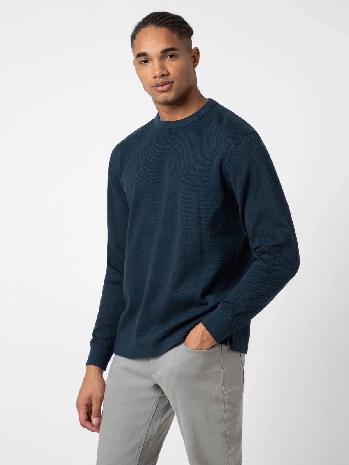 Thermal Knit Crew Navy side on model