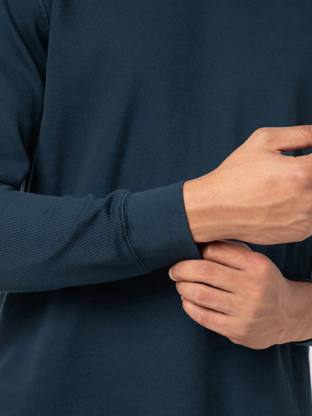 Thermal Knit Crew Navy close up sleeve on model