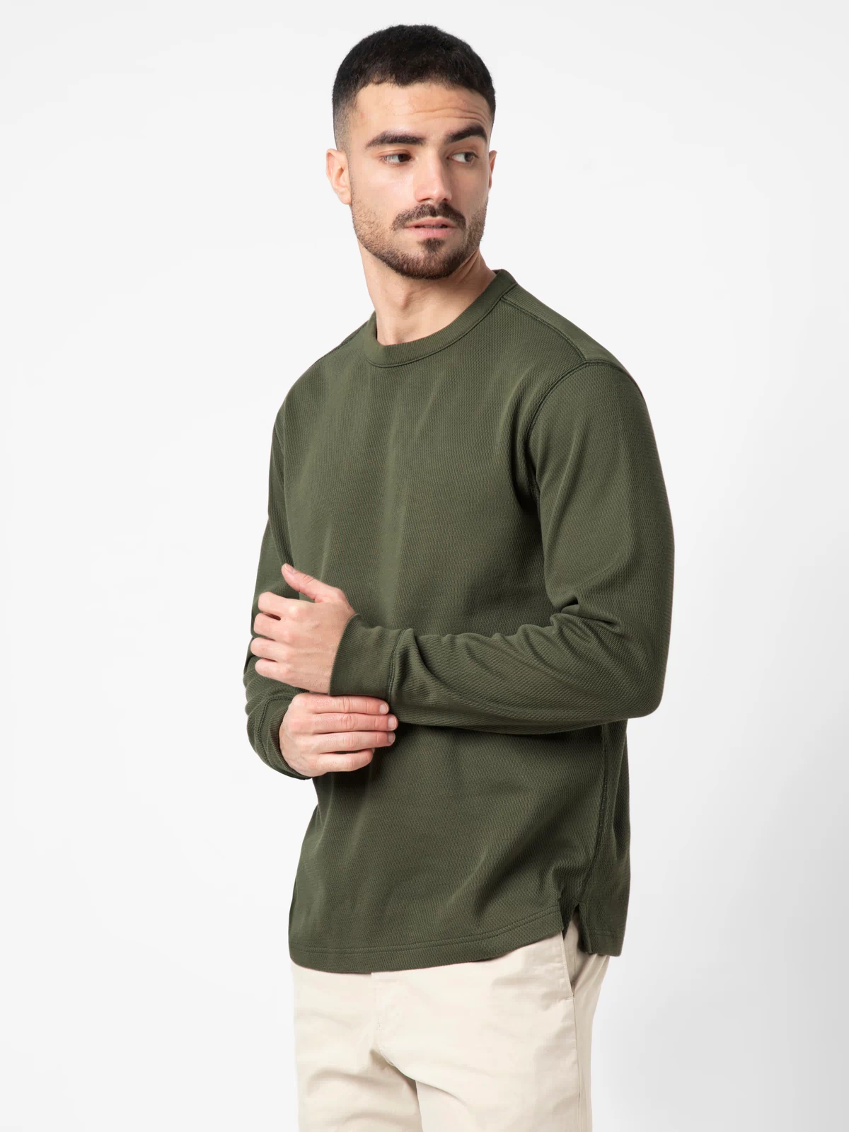 Thermal Knit Crew Fern side on model