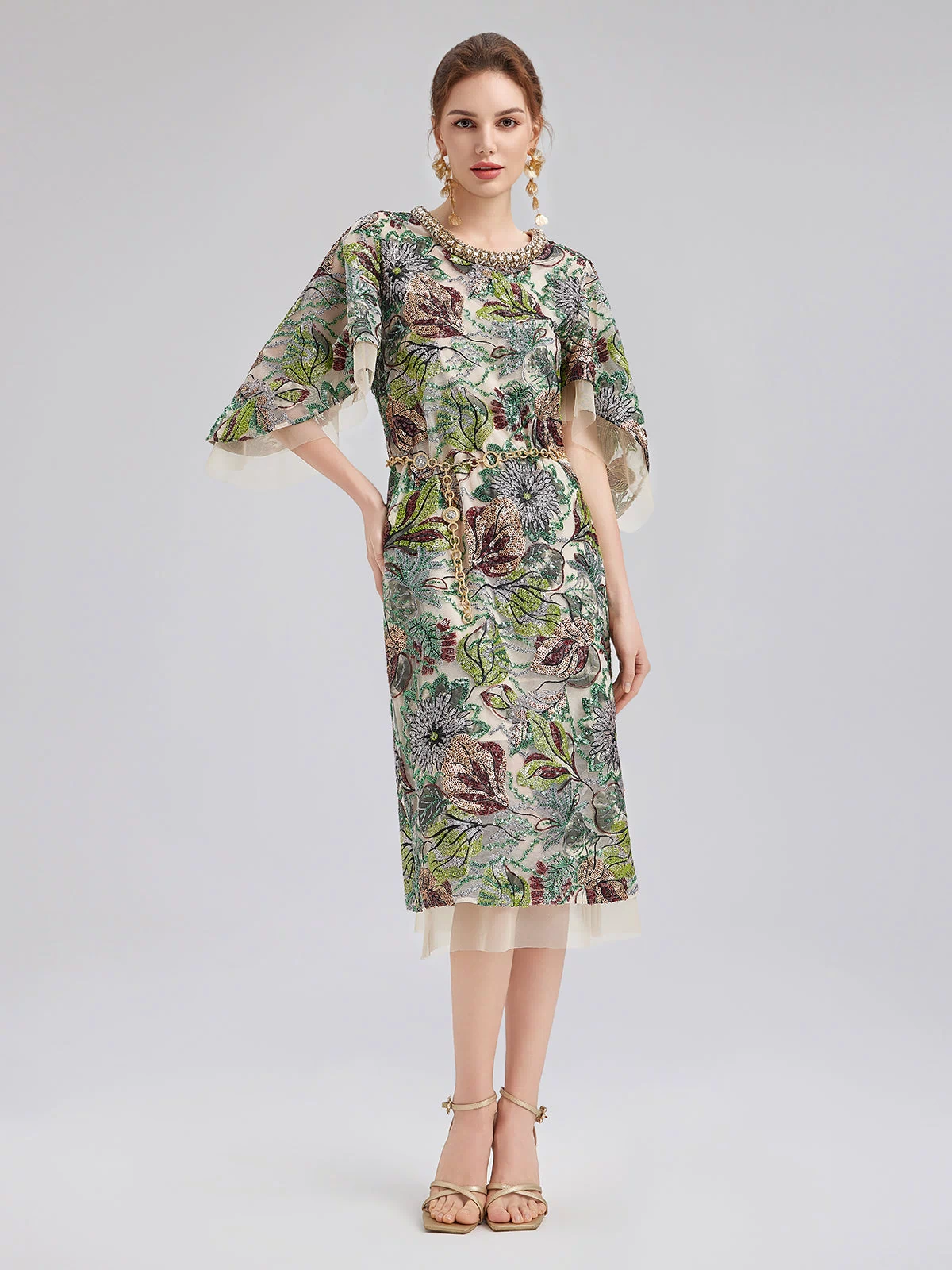 Three-Quarter Sleeves Sequin Maxi Dress