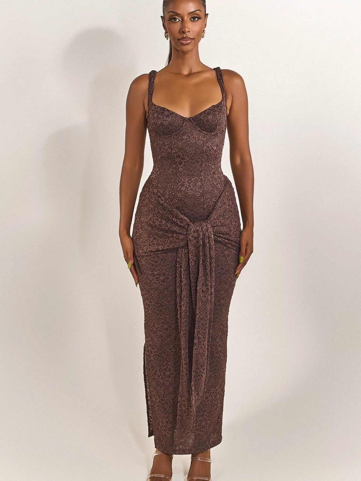 The Tie Front Maxi Dress in Brown