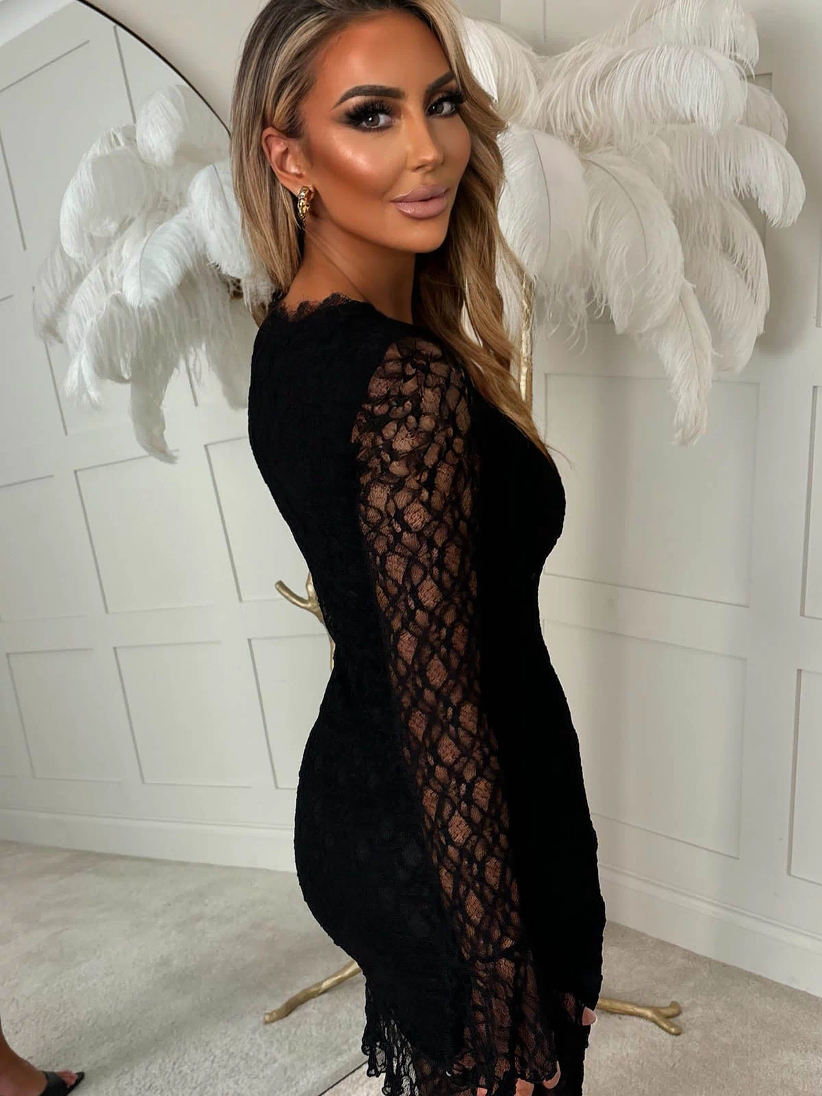 Black Lace Long Sleeve Mini Dress
