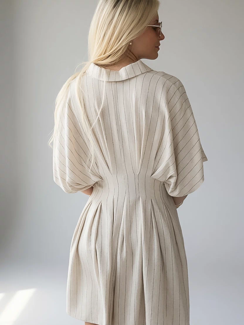 A woman with blonde hair is shown from the back wearing a pleated, short dress with wide three-quarter sleeves. The dress is a light cream or off-white color with thin vertical stripes, set against a plain light gray studio background.