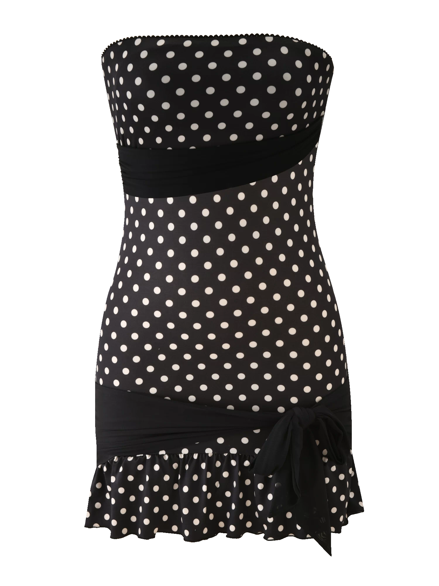 The TIGERMIST TOVE MINI DRESS in black polka dot is a strapless, bodycon mini dress featuring ruched waist and hem bands, a side bow detail, and a playful ruffle hem.