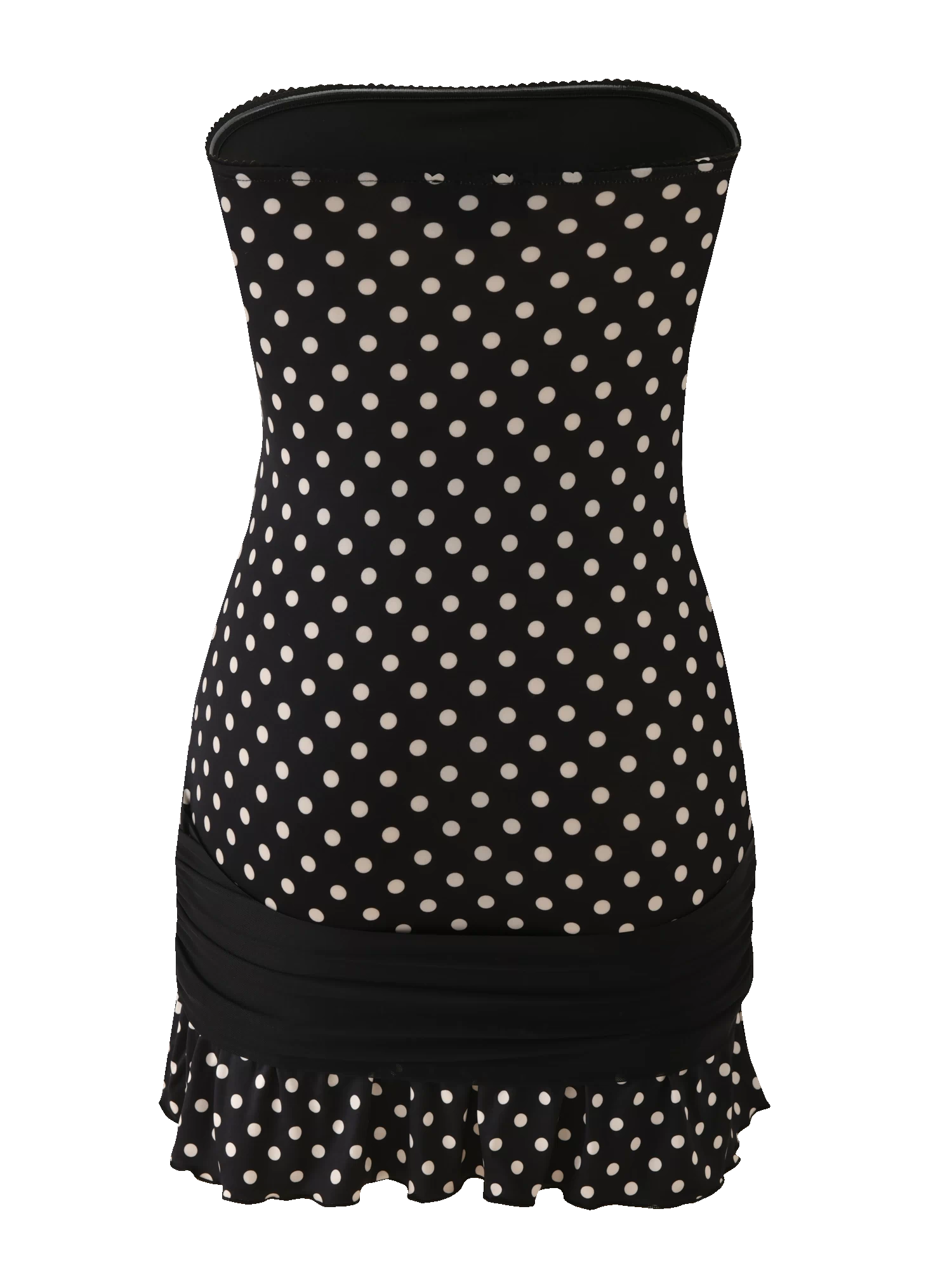 The TIGERMIST TOVE MINI DRESS - BLACK POLKA DOT is a strapless bodycon mini dress featuring a ruched black band and playful ruffle hem with a white polka dot trim.