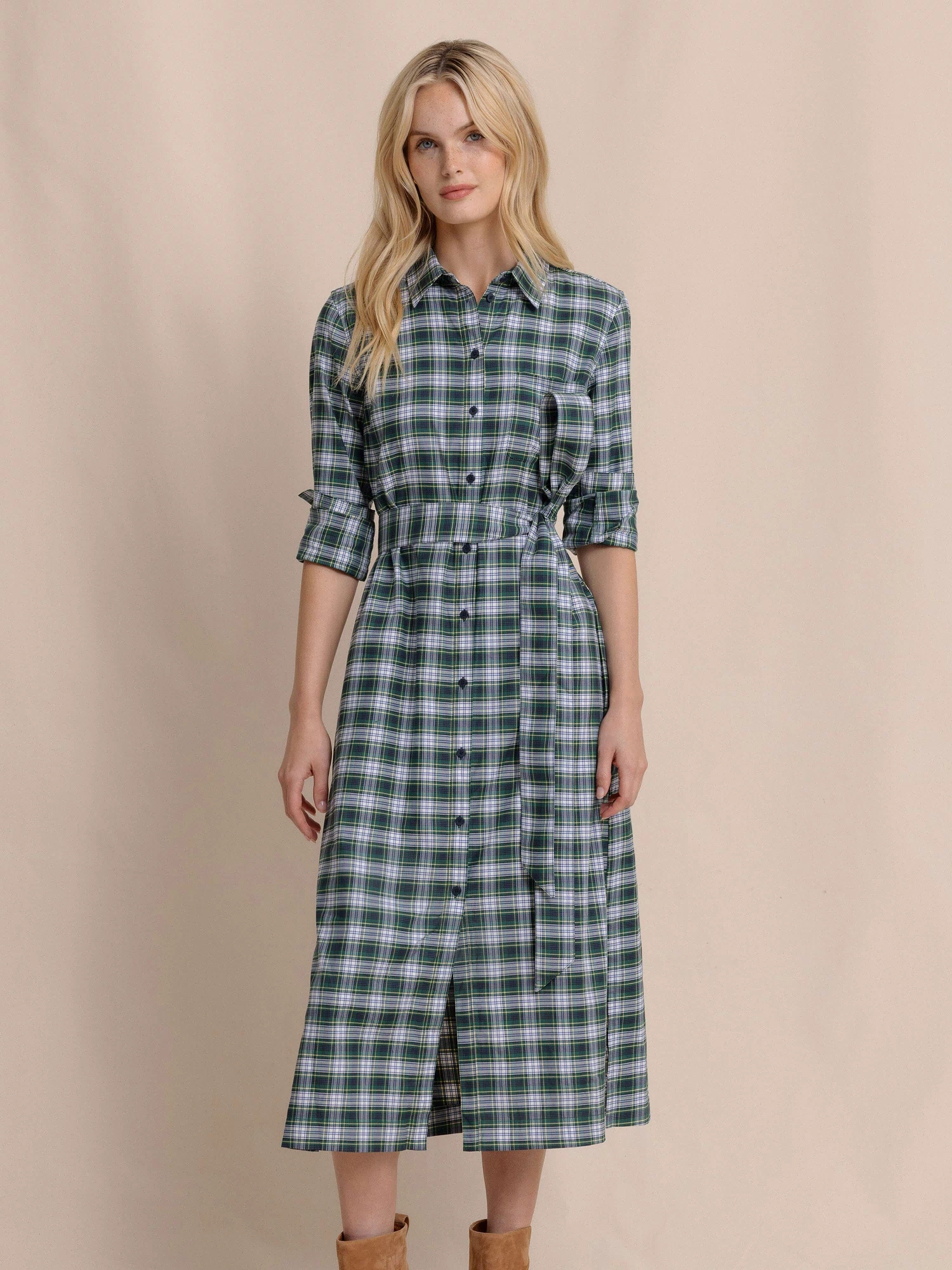 The front view of the Southern Tide Trista Gordan Tartan Shirt Dress by Southern Tide - Salt Meadow