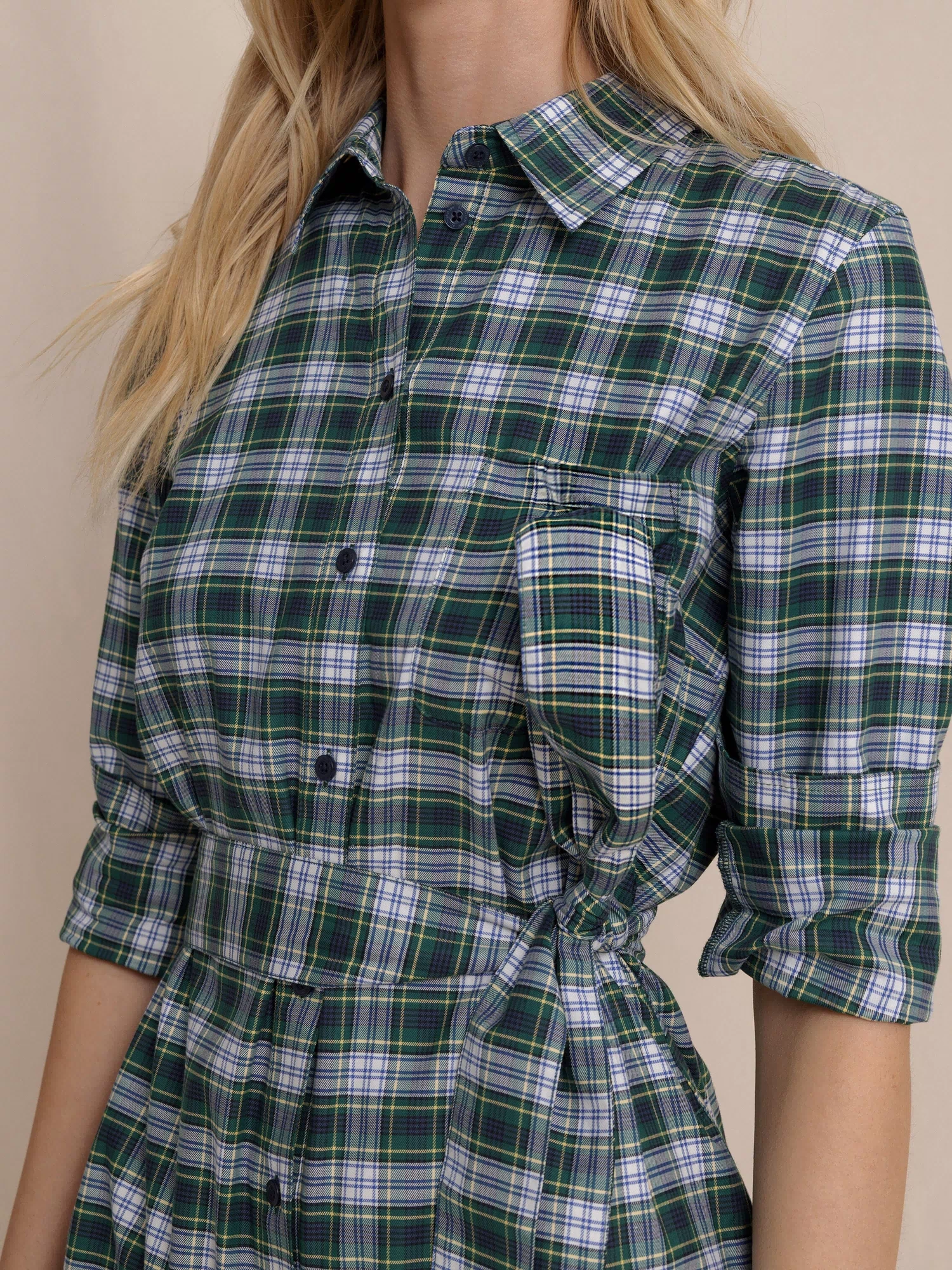 The detail view of the Southern Tide Trista Gordan Tartan Shirt Dress by Southern Tide - Salt Meadow