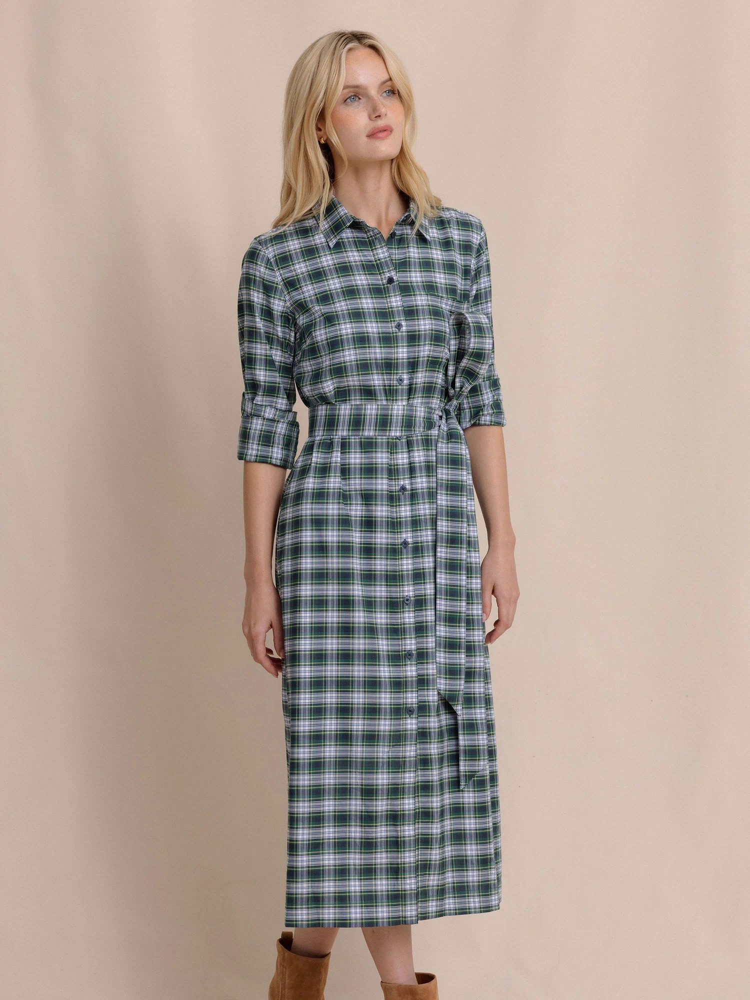 The side view of the Southern Tide Trista Gordan Tartan Shirt Dress by Southern Tide - Salt Meadow