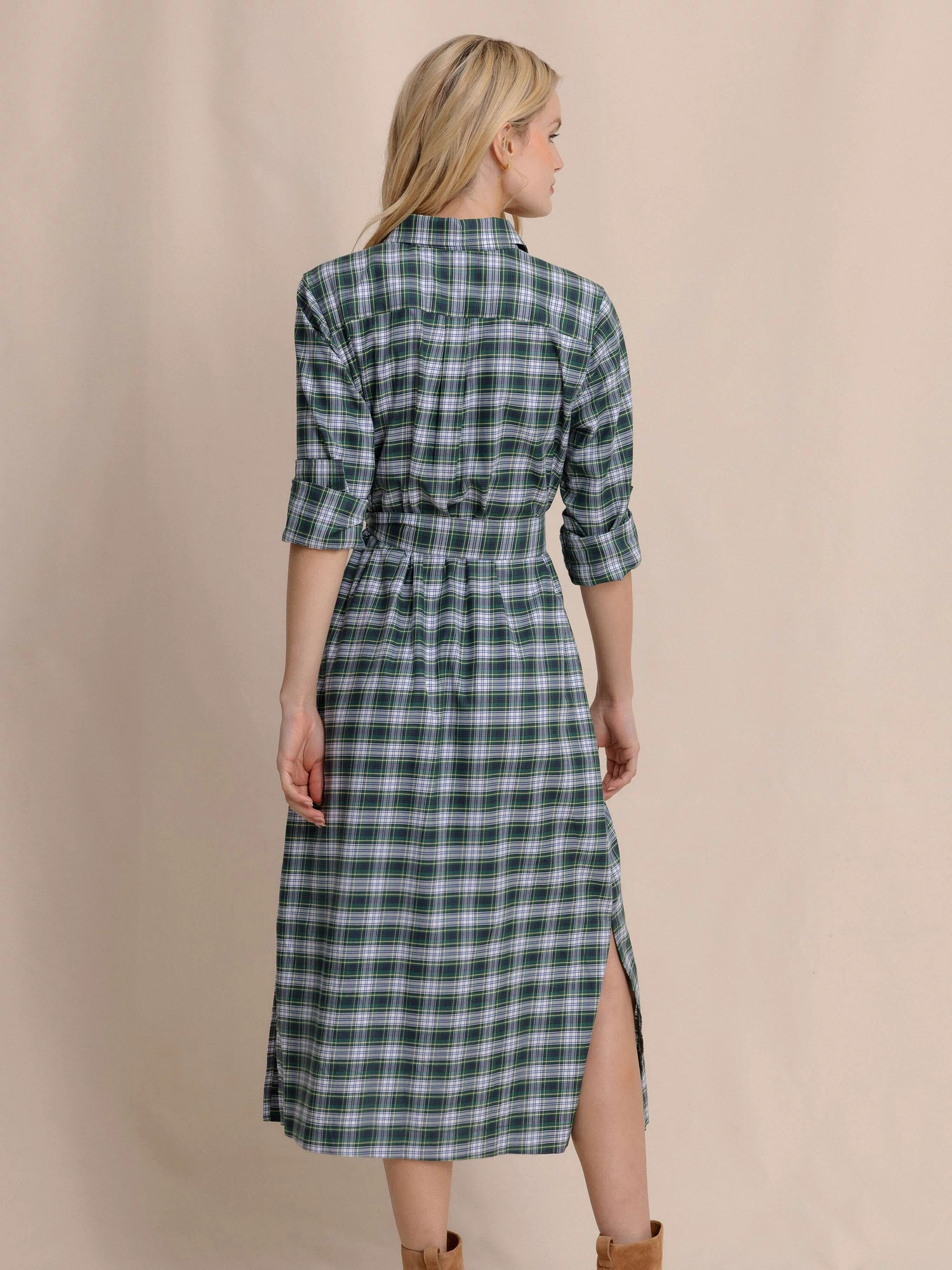 The back view of the Southern Tide Trista Gordan Tartan Shirt Dress by Southern Tide - Salt Meadow