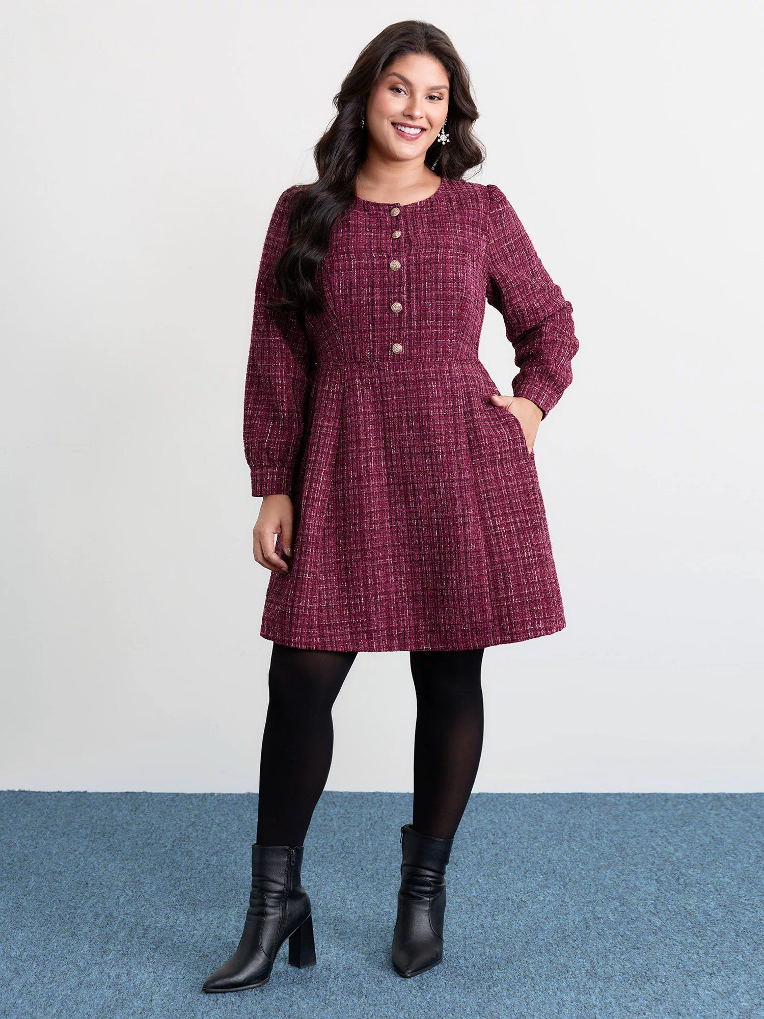 Tweed Metal Button Stretchy Waist Knee Dress