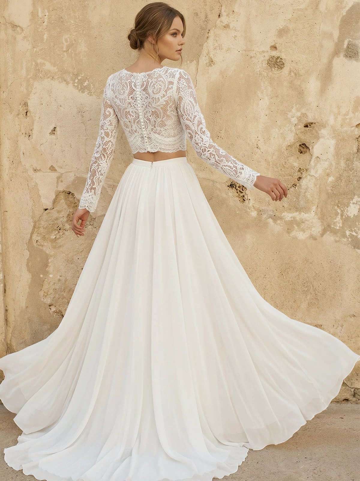 Two Piece V Neck Chiffon Wedding Dress in Ivory - KISS BRIDAL Wedding Dresses