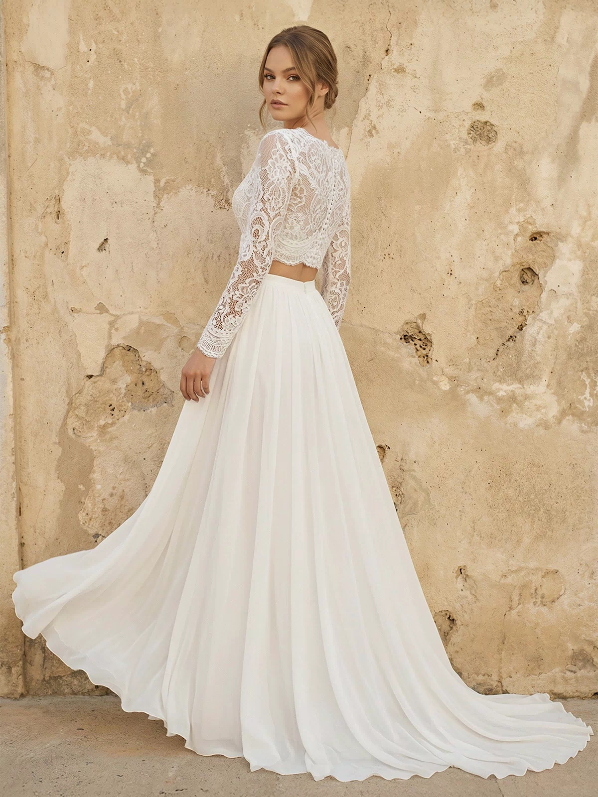 Two Piece V Neck Chiffon Wedding Dress in Ivory - KISS BRIDAL Wedding Dresses