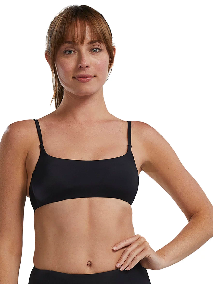 Black TYR bikini top designed for active recreation, featuring adjustable straps for a comfortable fit. Ideal for swimming and beach activities, this sleek swimwear piece combines style and functionality.